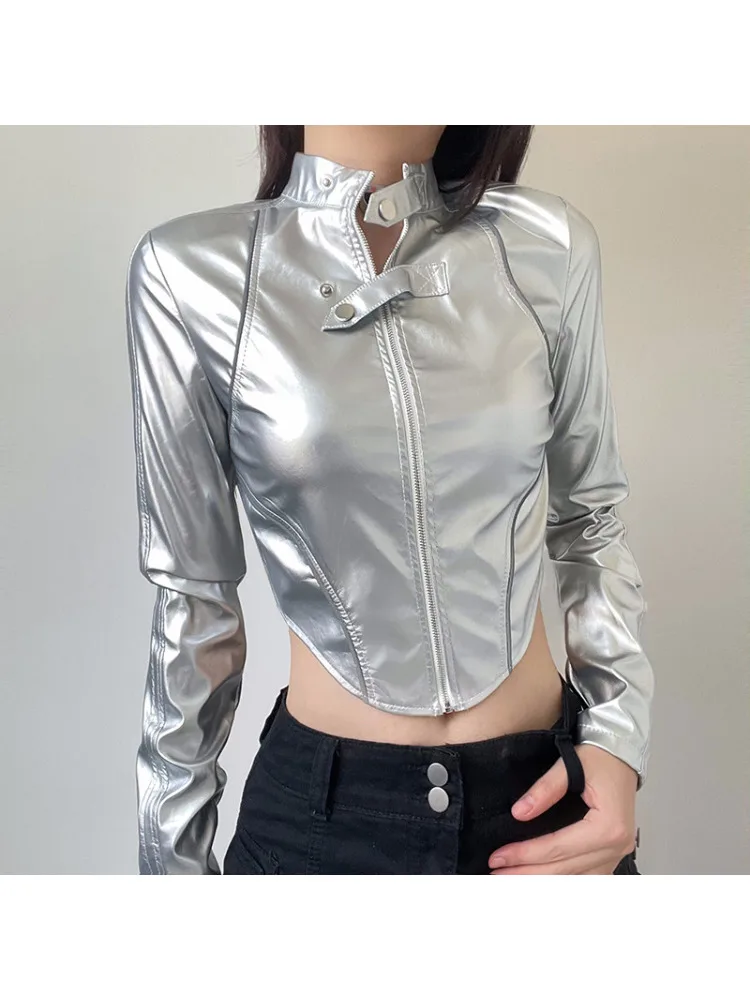 

2024 New Retro Streetwear PU Cropped Coats Reflective Strip Design Leather Jackets American Fashion Women Moto & Biker Outerwear
