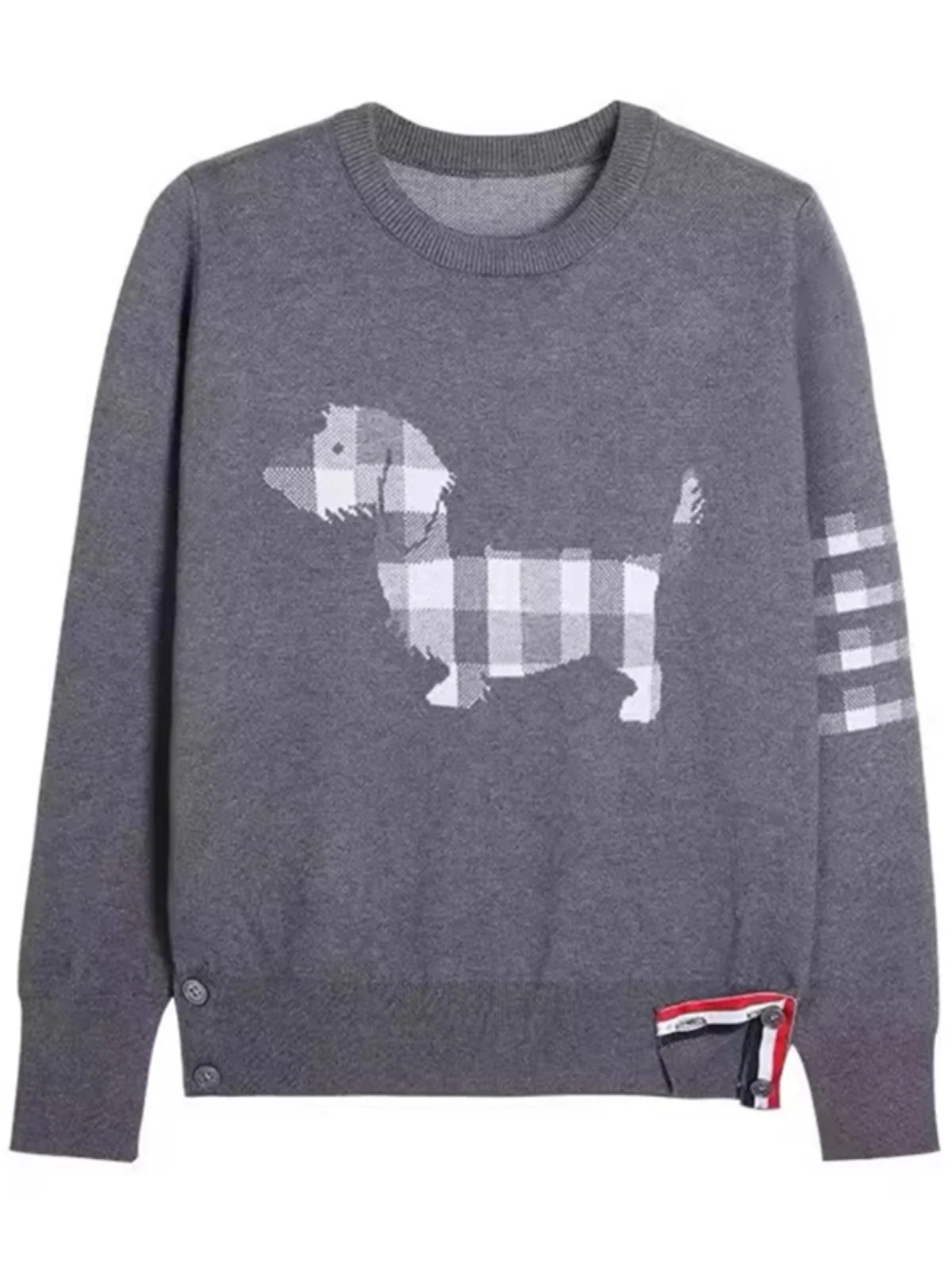 Casual Knitted Sweater Women's Loose Top Korean Sle College Sle Dog Pattern Plaid Four Stripe Overhead Sweater Trendy