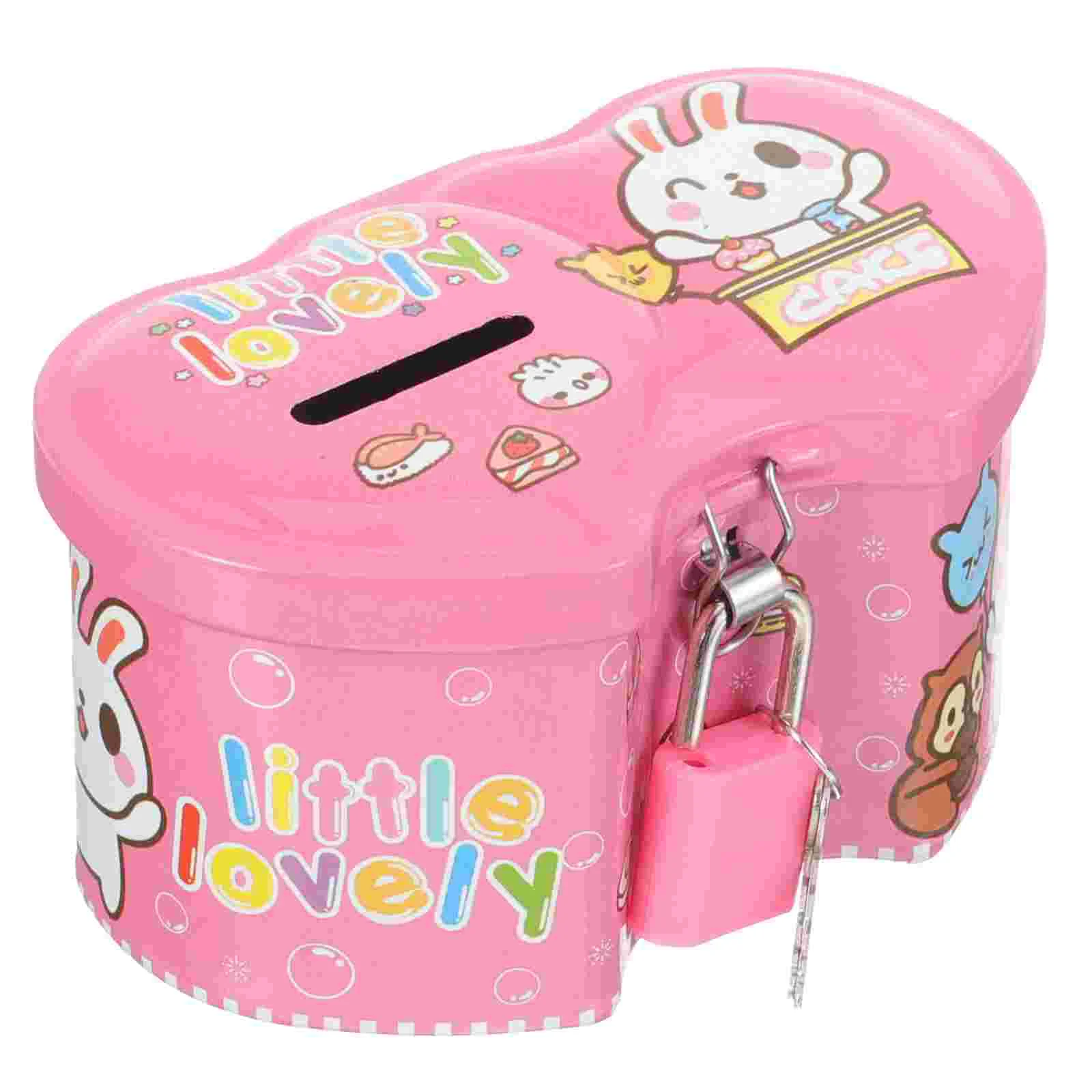 Piggy Bank for Kids Cartoon Double Heart Rabbit Coin Jar Girls Metal Pink Child