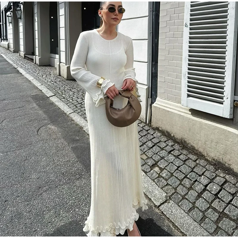 Robe longue côtelée crème élégante à volants - Style chic