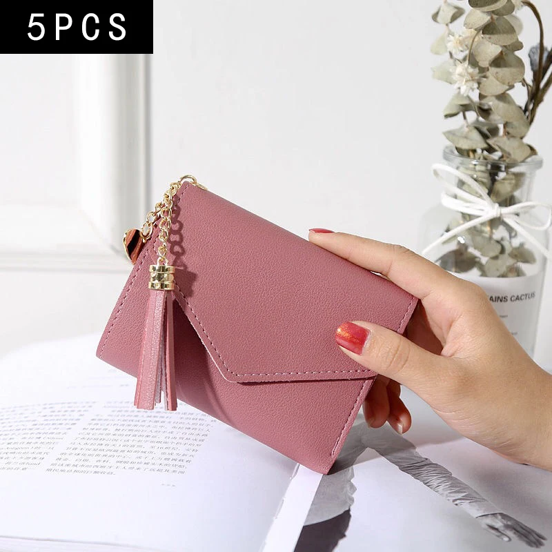 5PCS Women's Purse New Short Heart Pendant Solid Color Simple Fashion Multi-function Bank Card Purse Wholesale
