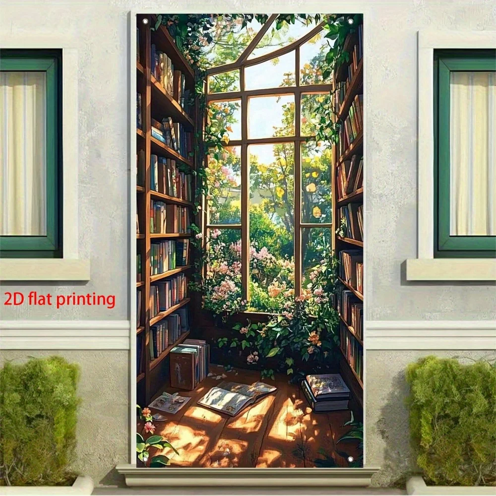 Ein flaches 2D-Polyester-Banner für eine ruhige Gartenbibliothek mit Büchern und grünem Design, geeignet für die Bibliothekstürdekoration – Detail 5
