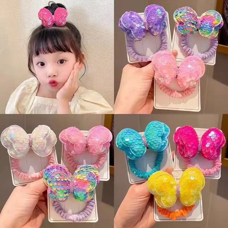3가지 색상의 반짝이는 리본 머리끈 여자아이 리본 머리끈 고무줄 미니 로프 포..