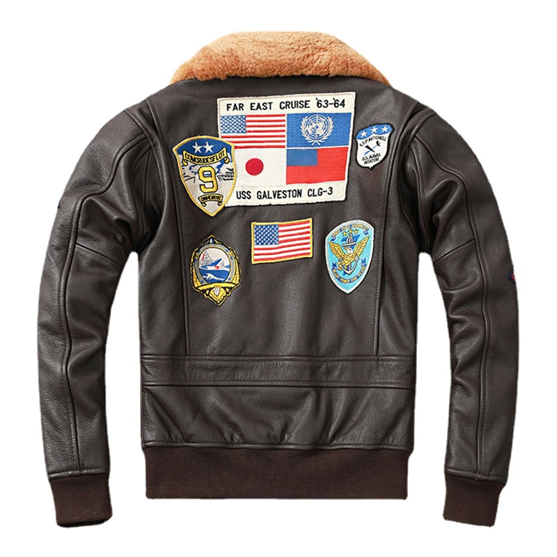 Flight Jacket Cowhide Leather Coat Men Embroidery Aviator Bomber G1 Air Force Winter Clothing AviationCoats Real Fur Collar M-XL