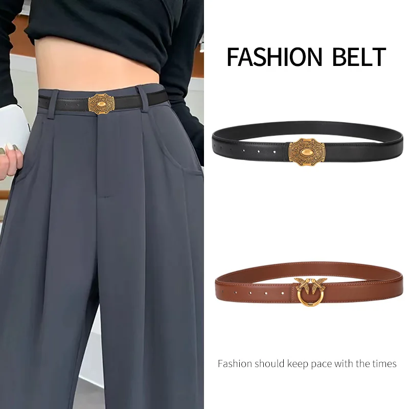 

2023 Fashion Simple New Women's Real Cowhide Vintage Carved Belt Literary Style with Casual Pants Skirt Trend Temperament Belt