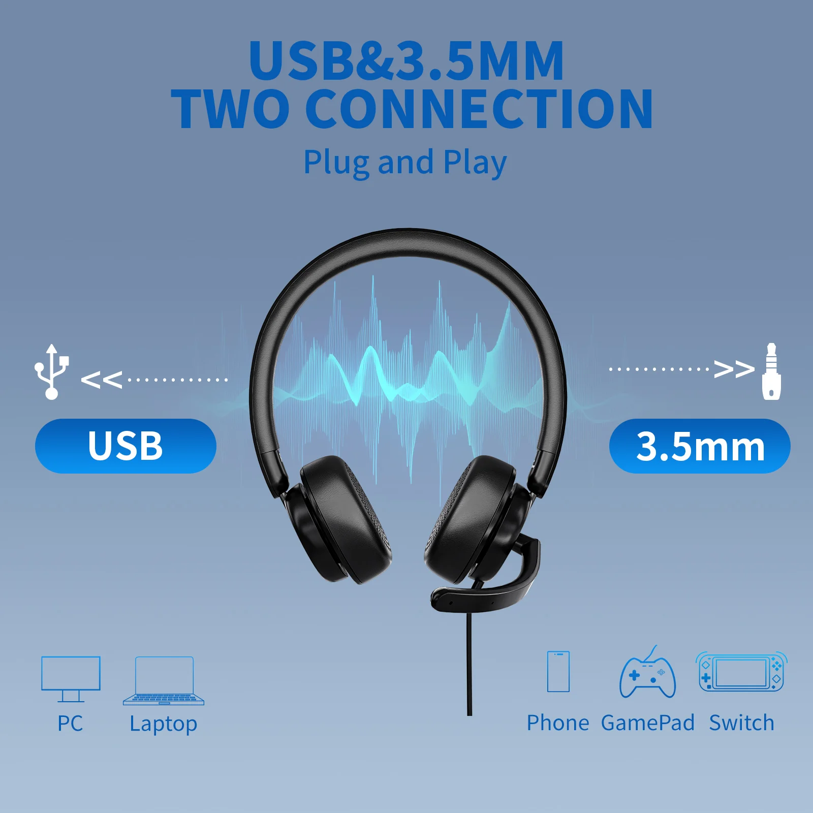 3.5mm USB Wired Headphones Independent Sound Card MIC Business Headset With MIC For PC /Laptop/Computer Adjustable Volume EH10