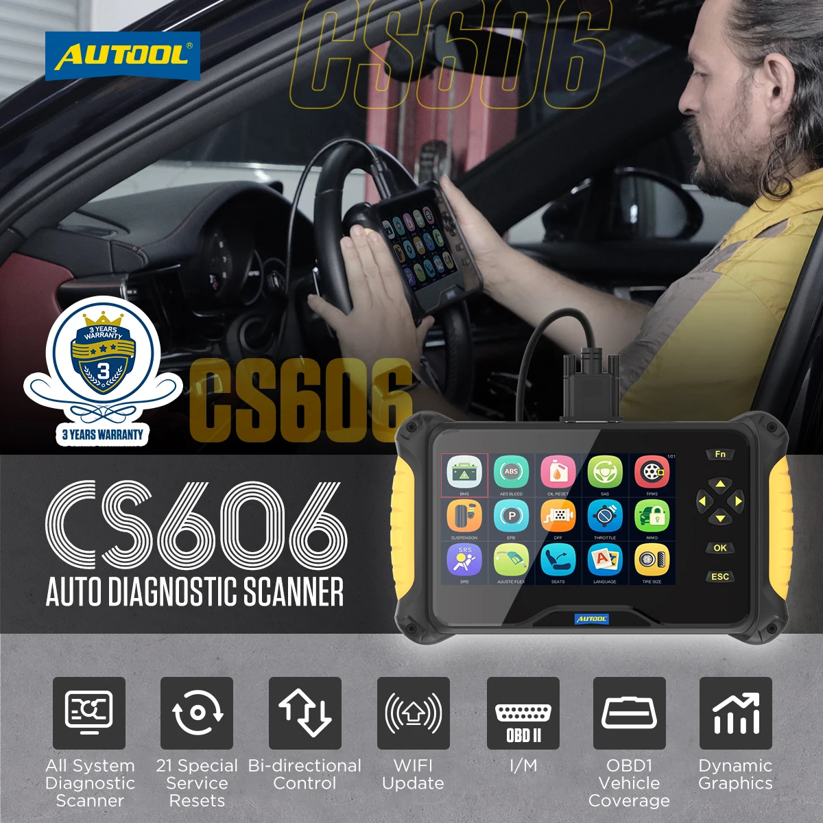 AUTOOL CS606 자동 obd2 스캐너 obdii 진단 도구 21 재설정 엔진 abs srs sas epb dpf 헤드 램프 코드 리더 스캔 도구
