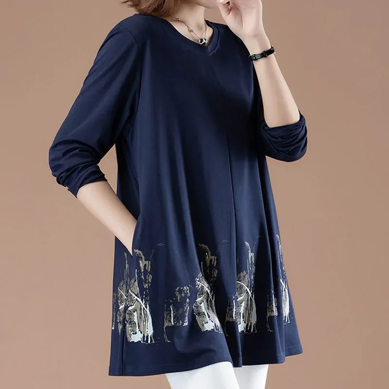 

Women's Casual Long Sleeve Printed Solid Tops Spring Autumn Female Clothing Loose Fashion Round Neck Thin Pullovers T-shirt X935