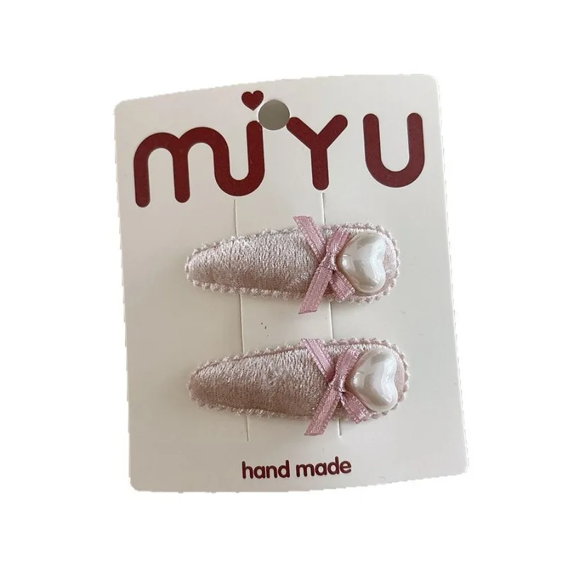 Korean Version of Pink Velvet Sweet Pearl Bow Children's Water Drop Bb Clip Side Bangs Versatile Girls Hairpin