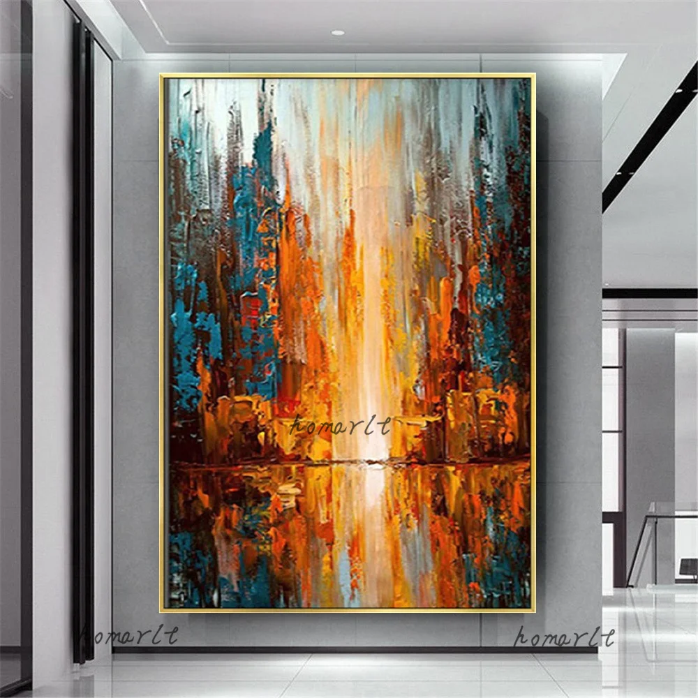 

100% Handmade Large Sunrise Flame Design Abstract Orange Urban Landscape Oil Painting Shining Poster Decor Home Wall Art Picture