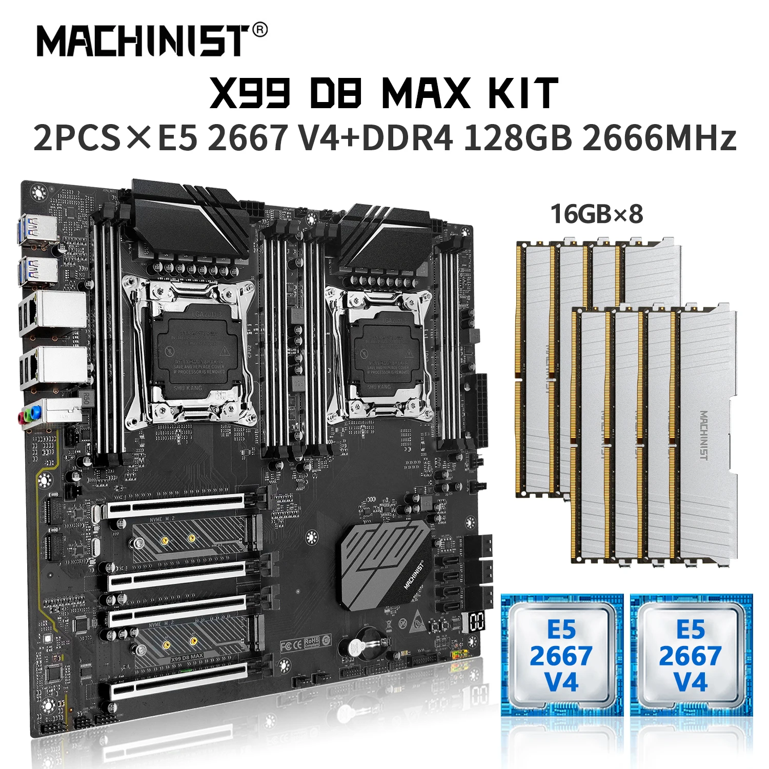 

MACHINIST X99 Motherboard Combo Kit Xeon E5 2667 V4 Dual CPU LGA 2011-3 Processor DDR4 128GB 2666MHz RAM Memory NEME M.2 D8 MAX