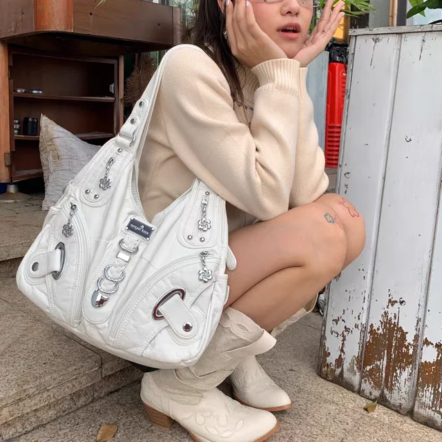 JIAERDI Vintage Brown Y2k Handbag Women Retro Subculture Leather