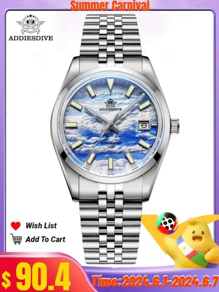 

ADDIESDIVE TOP Mechanical Watch 10Bar Diver BGW9 Blue Luminous 3D Sea Of Clouds Dial Bubble Mirror Glass Reloj Hombre Men Watch
