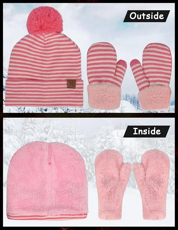 Winter Toddler Pom Beanie Hat and Mittens Gloves Set Warm Knit Fleece Lined for Boy Girl Kids Age 2-5