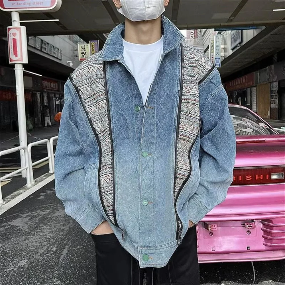 American street men's fashion new personalized zipper splicing long sleeved denim jacket for couples casual loose jacket