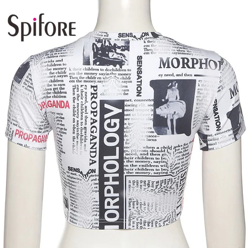 Spifore Y2K Short Sleeve Sexy Crop Top Summer Women 2022 Casual Streetwear Club Short newspaper Printed Fashion T Shirt Vintage black t shirt