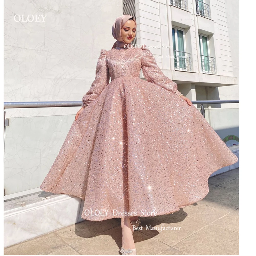 

OLOEY Glitter Dubai Arabic Muslim Dusty Pink Evening Dresses High Neck Long Sleeves Ankle Length Prom Gown Wedding Party Sparkly