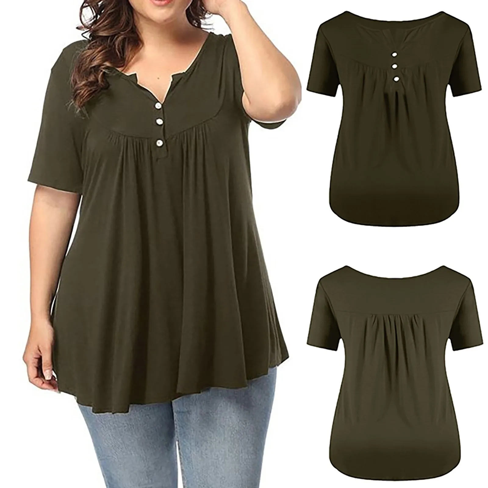 

Plus Size Women V Neck Button Pleated Tunic Tops Vntiage Loose Casual T Shirt Top 2023 Summer Tees Swing Ladies Blouse Blusa New