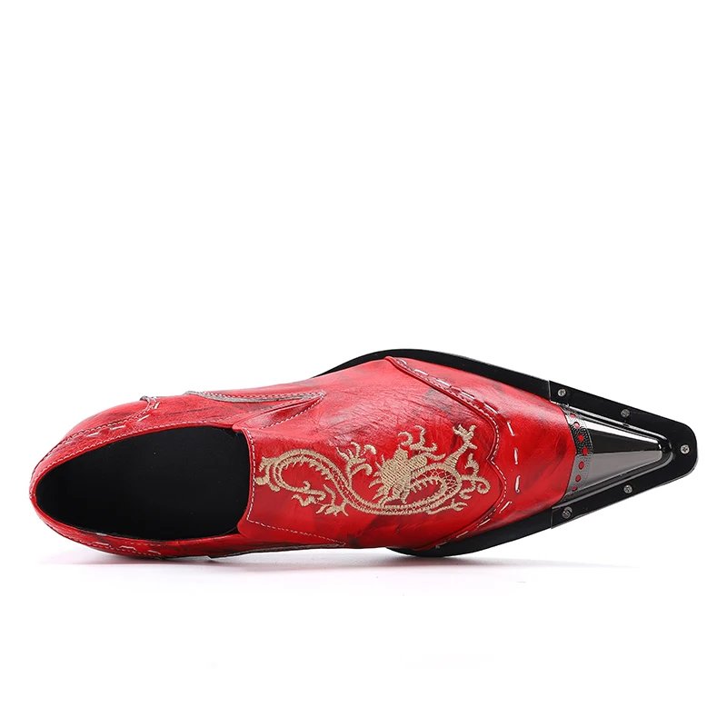 Plus Size Men's Genuine Leather Shoes Wedding Party Pointed Casual Business Shoes Men's Formal Red Embroidered