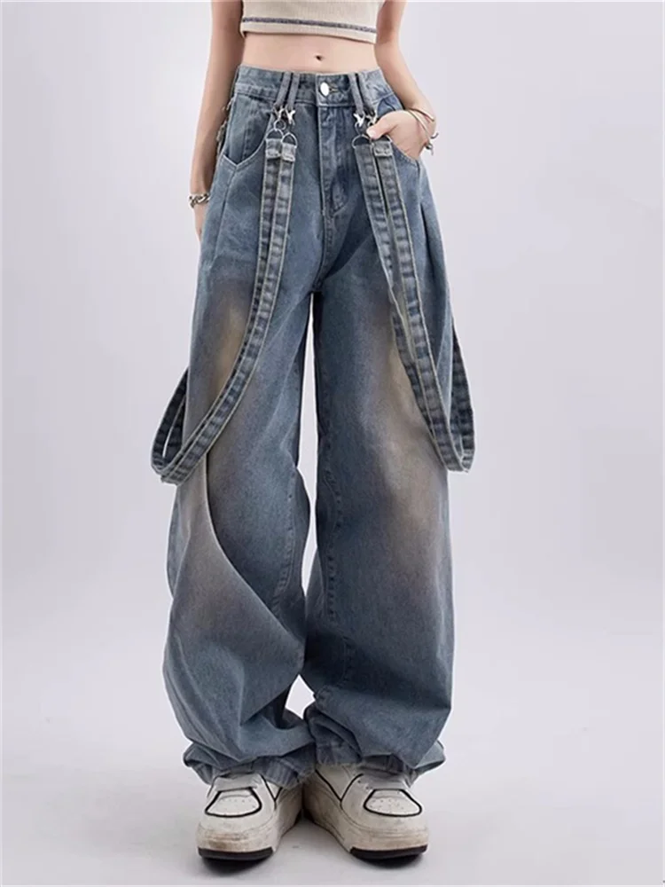 QWEEK 90s Vintage Blue Jeans Women Y2K Korean Fashion Retro Wide Leg Overalls Oversized Harajuku Hippie Streetwear Denim Pants