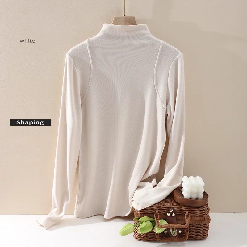 

Autumn Winter Hot Thickened Plus Velvet Wool Bottomed Shirt Half High Collar Soft Warm Long Sleeve Mulberry Silk T-shirt