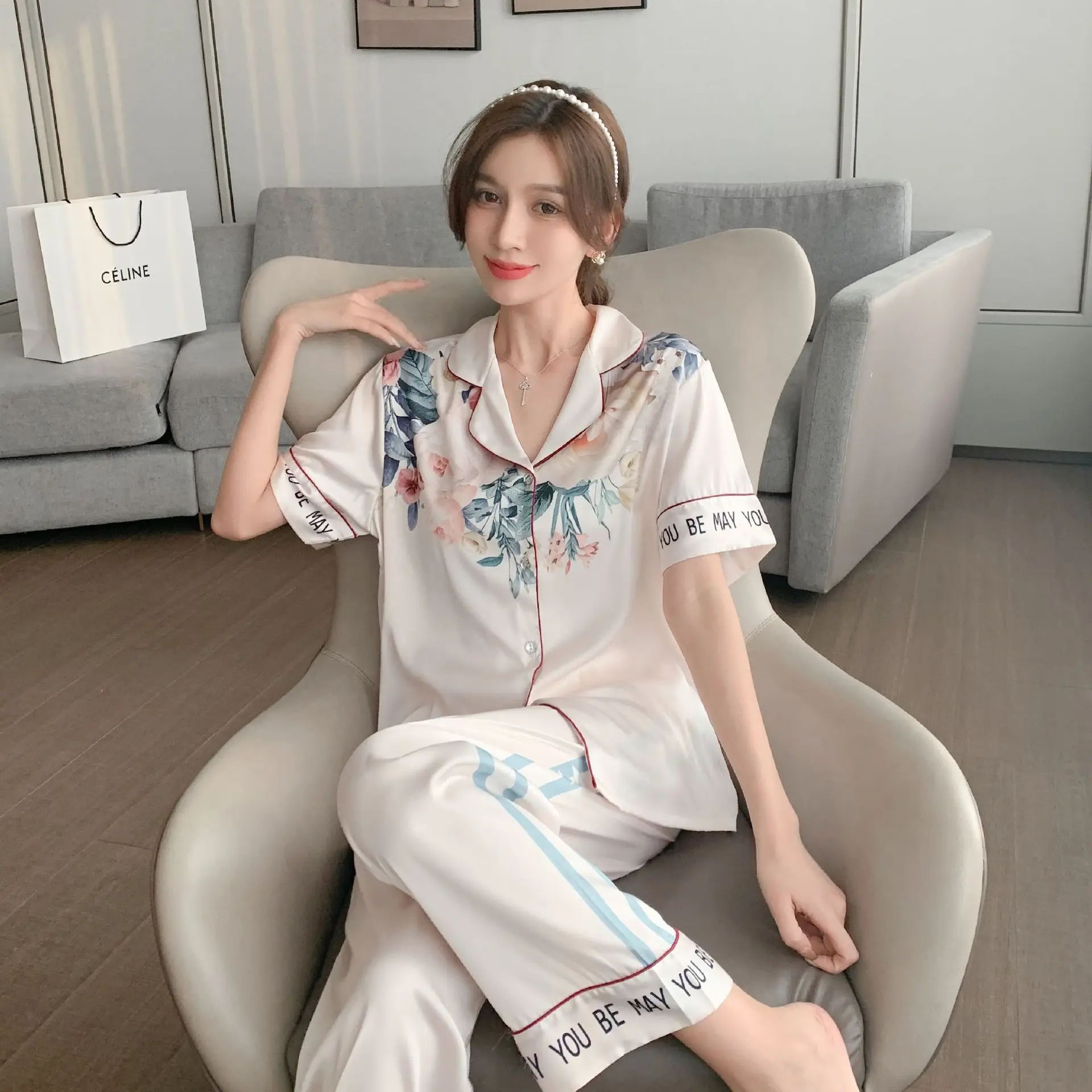 Women's summer ice silk cool feeling pajamas short sleeved cardigan printed two-piece set new home clothing