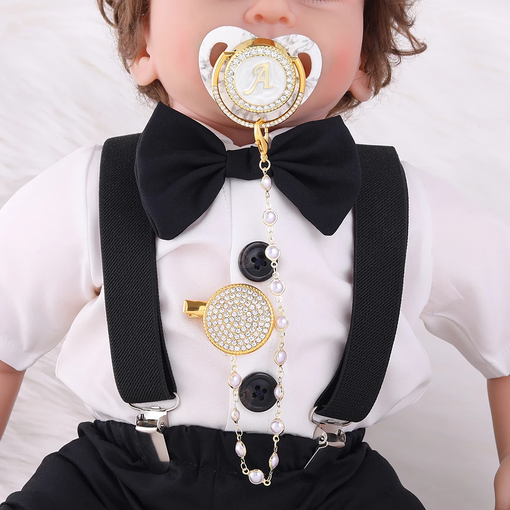 Personalised Pacifier Beads Bling Gold Pacifier Holder BPA Free Silicone Nipple 24 Letter Name Newborn Dummy Soother Chupete 4