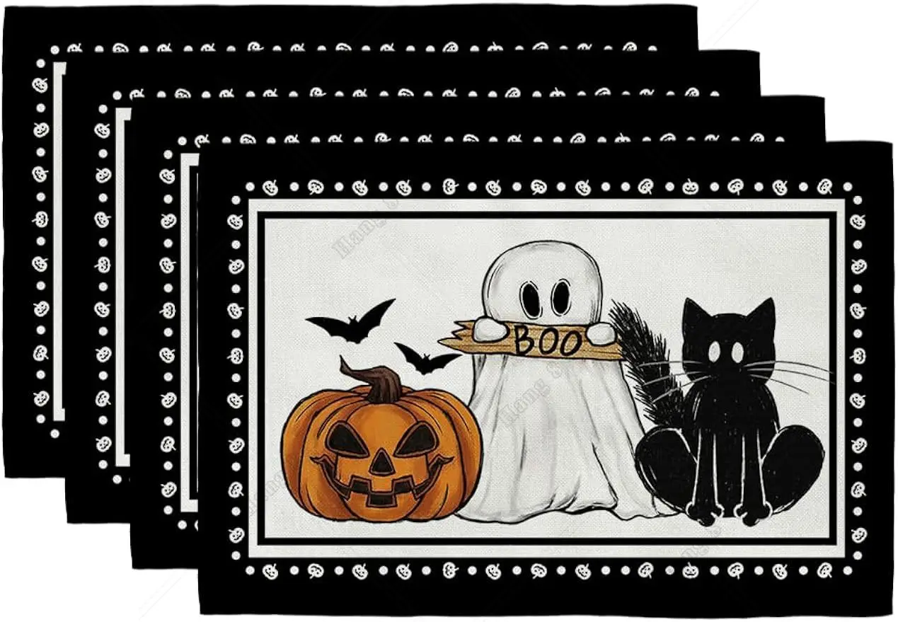 

Halloween Placemats 12x18 Inches Set of 4 Pumpkin Spooky Ghost Boo Black Cat Bat Farmhouse Indoor Kitchen Dining Table Decor