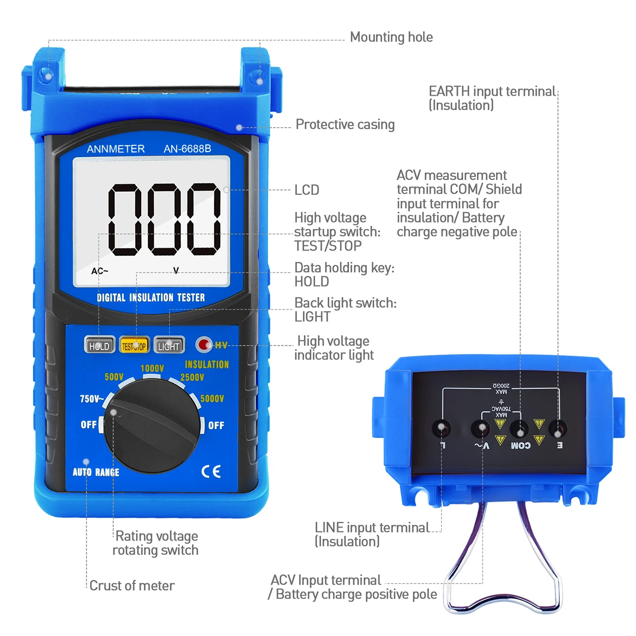 Megohmmeter 200 Gig Ohm Digital Insulation Resistance Tester 500V/1kV/2.5kV/5kV Auto Range Voltage Resistance Tester