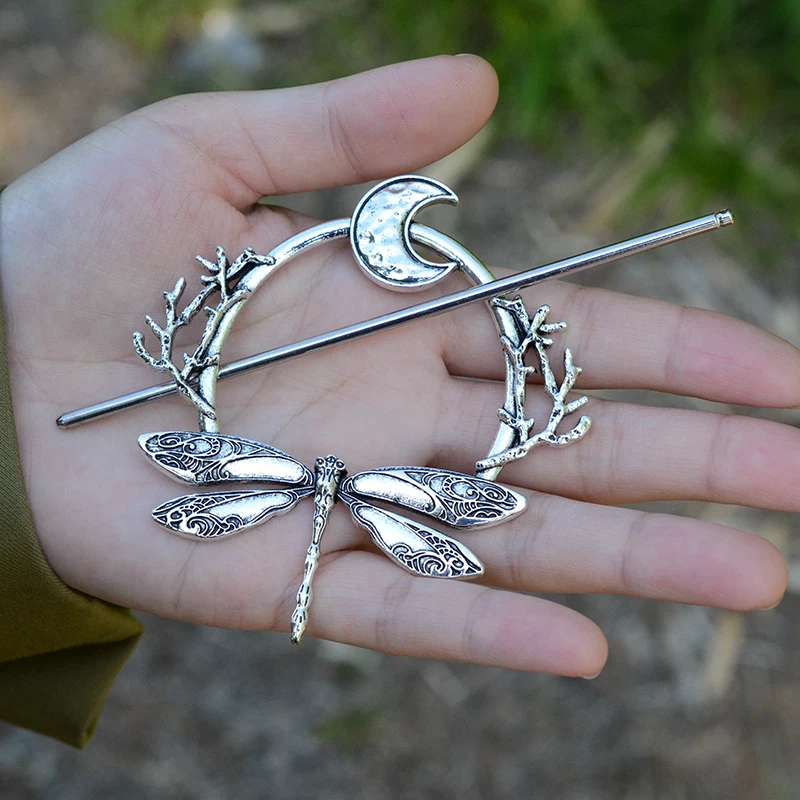 Witch Woodland Goddess Crescent Moon Dragonfly Hairstick Fairy Moon Dragonfly Insect Hair Barrette Hairclip For women Wicca hair accessory,hair stick,hair clip