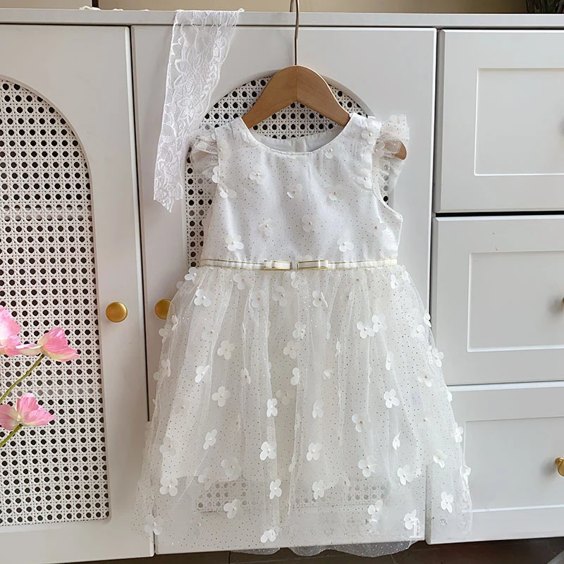 

Summer Style Girls Dresses Three-dimensional Flower Positioning White Princess Shiny Sleeveless Vest Gauze Dress