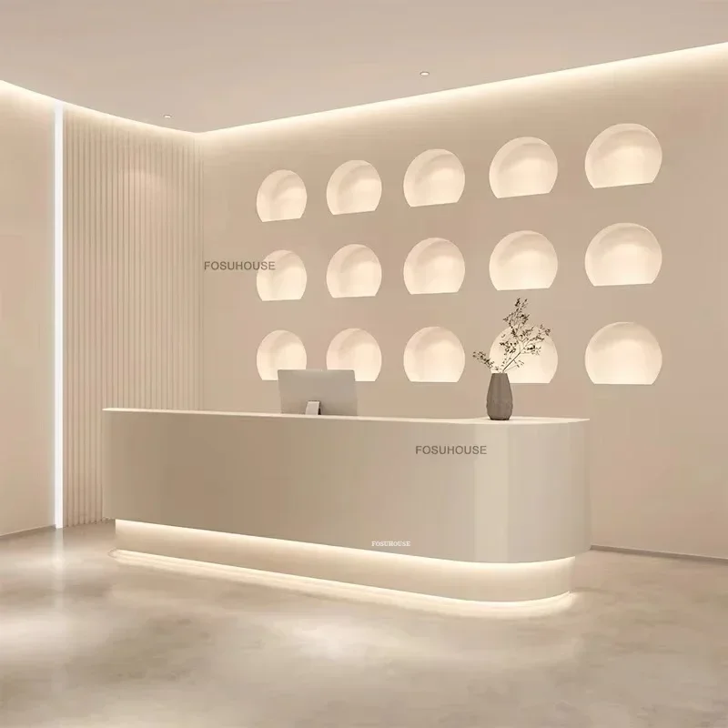 Nordic Curved Paint Reception Desks Company Bar Front Desk Wooden Cashier Modern Office Furniture Beauty Salon Reception Counter