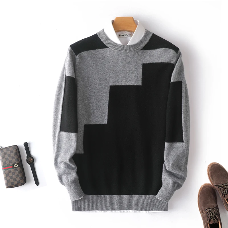 

100% Merino Wool Sweater Men Crew Neck Pullover Fashion Patchwork Vintage Top Autumn Winter Large Size Men's Cashmere Sweater