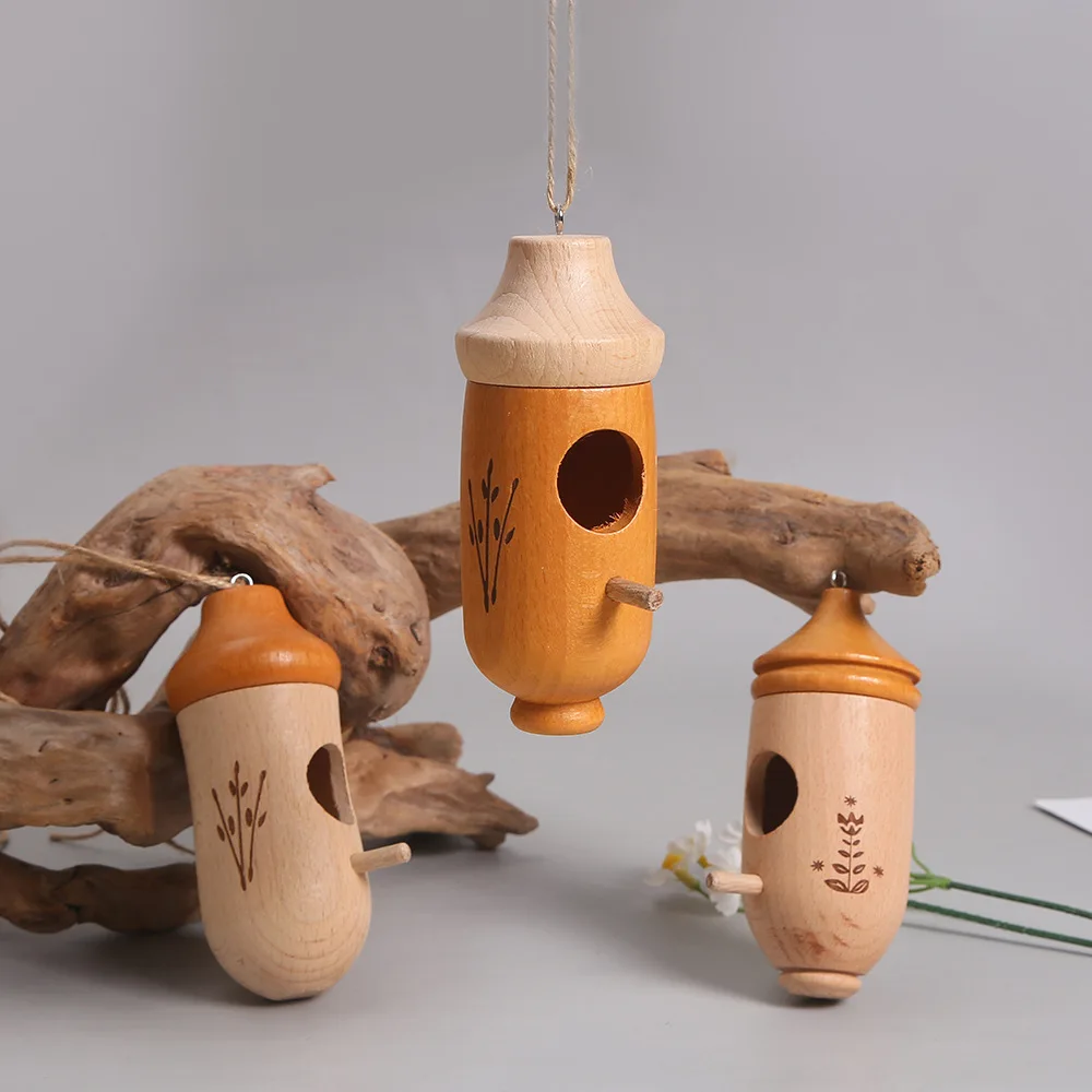 New Outdoor Garden Hummingbird Feeder Creative Courtyard Wooden Bird Nest New Solid Wood Hummingbird Nest Decoration Pendant