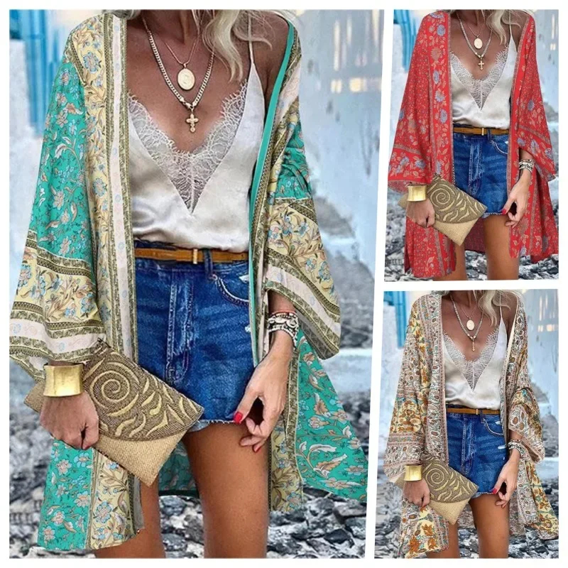 Kimono de banho feminino, mangas compridas, biquíni boêmio, cardigã, maiô, moda praia, moda, 2024