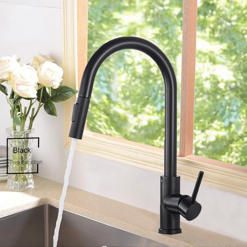 

Free Shipping Black Kitchen Faucet Two Function Single Handle Pull Out Mixer Hot and Cold Water Taps Deck Mounted