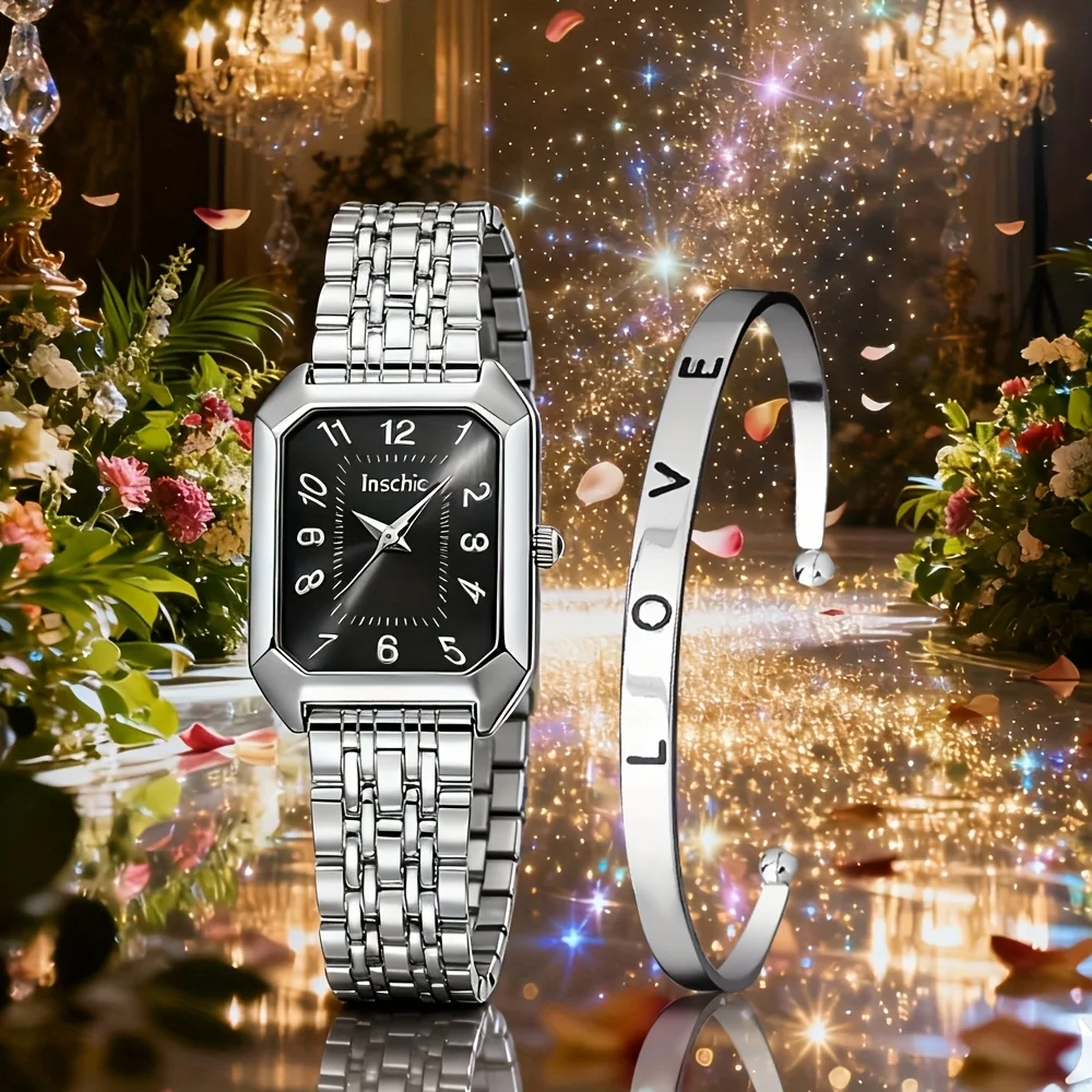 This elegant 2-piece women's watch gift set features a stylish and romantic open bracelet paired with a court-style quartz watch