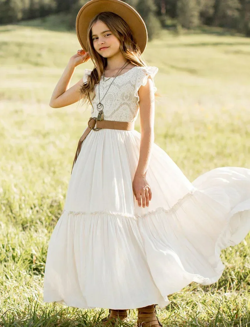 

No belt Summer Girls Lace Cotton Bohemia Long Dresses Baby Kids Flower Wedding Princess Party Dress Vestidos Costume