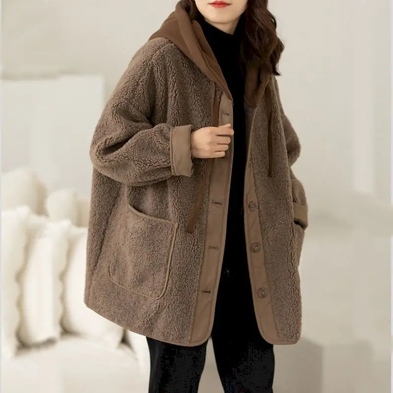 Lamb Wool Coat Womens Hoodies Autumn Winter Fashion New Stitching