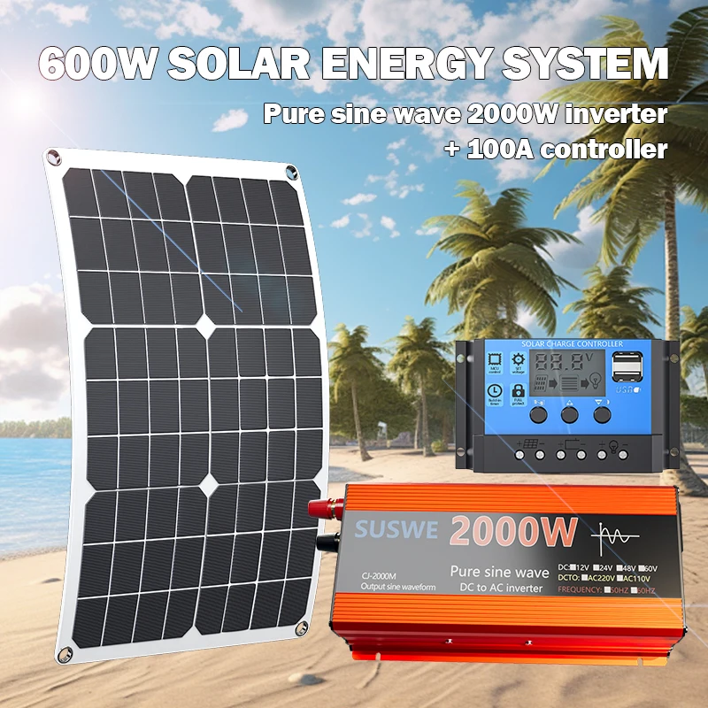 Inverter di potenza da 2000W rosso con regolatore di carica solare, pannelli solari per auto, camper, campeggio - Sistema di alimentazione off-grid - immagine 6