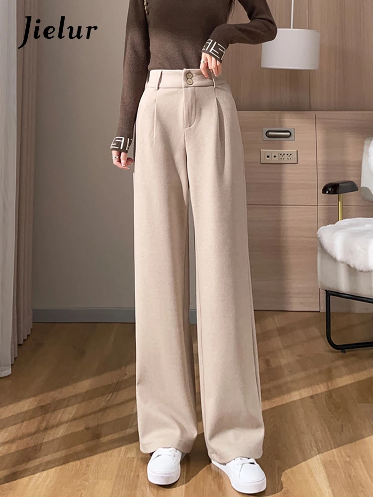 Jielur Woolen Wide Leg Pants Black Khaki Winter Korean Style Women