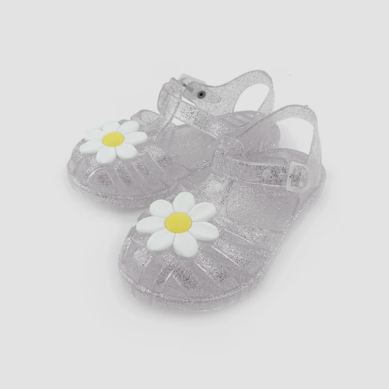 Little Girls Jelly Sandals Soft Sole Closed Toe Hollow 3D Daisy Beach Summer Shoes Princess Flat