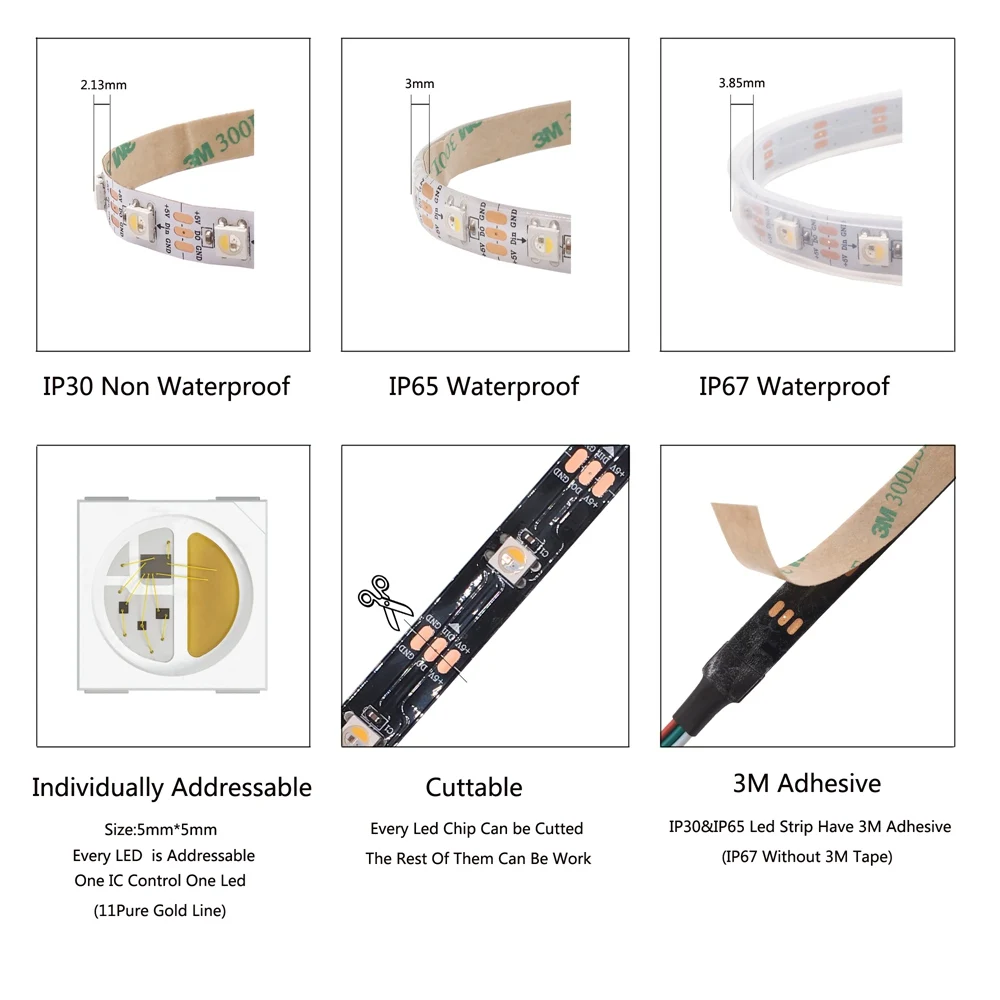 DC5V SK6812 RGBW(Similar WS2812B) 4 In 1 Led Strip 30/60/144 Leds/m Individual Addressable Led Light Black /White PCB IP30/65/67 3