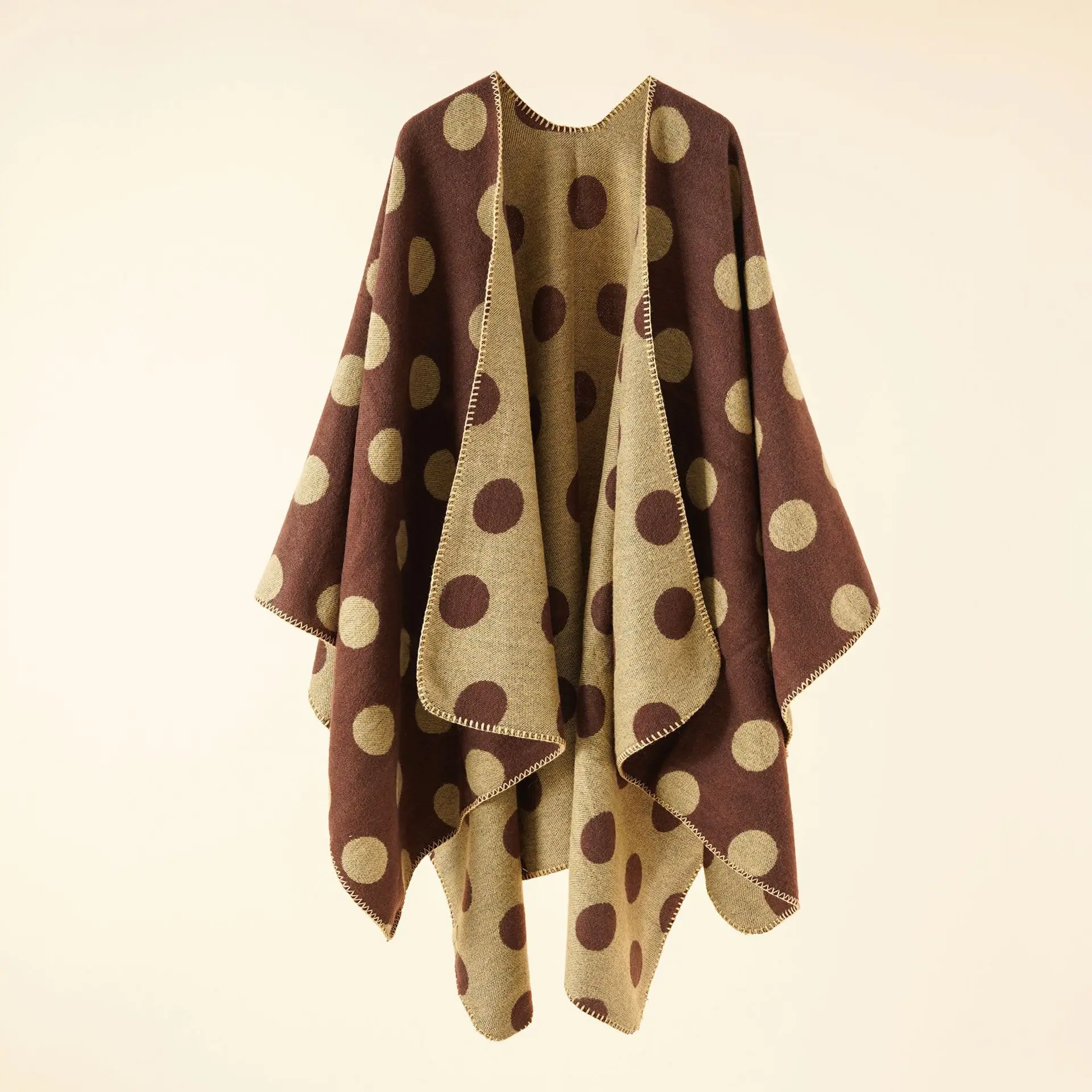 

2022 Autumn Winter New Dot Pattern Cardigan Imitation Cashmere Warm Casual Women Shawl Poncho Capes Lady Coat Brown