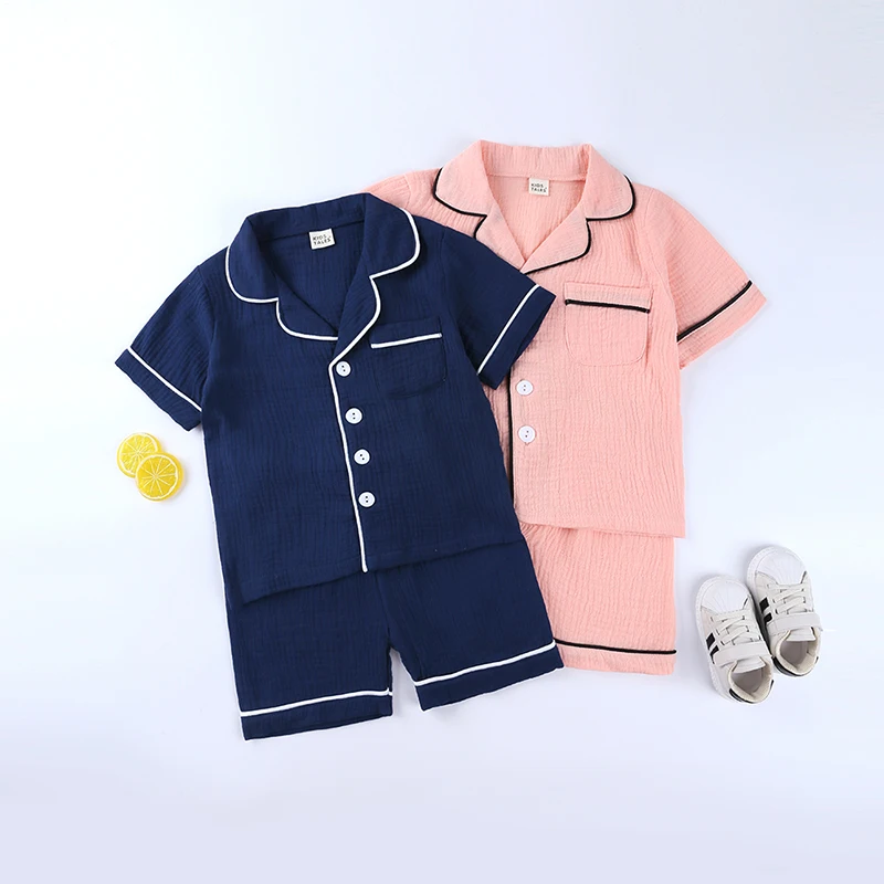 Cotton Pajamas Set Kids Pajama Sets for Boys Girls 3-8T pure color cotton linen Outfits Set Short Sleeve Blouse Tops+Shorts Sleepwear Pajamas Soft