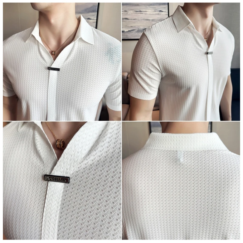 고급 아이스 실크 무봉제 접착 폴로 셔츠, 고탄력 브이넥 얇은 와플 반팔 골프 셔츠, 티셔츠