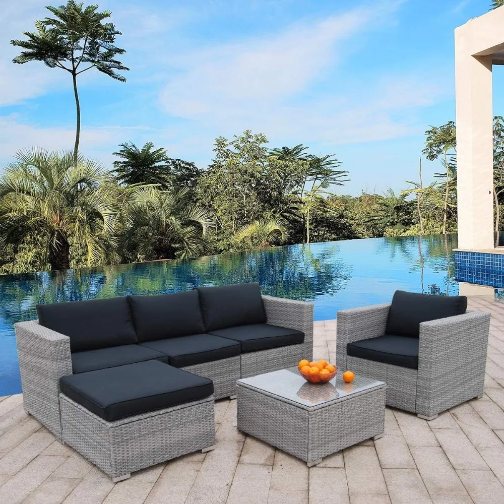 

6-piece patio furniture set PE grey rattan sectional sofa outdoor sofa with washable seat cushions and modern glass coffee table