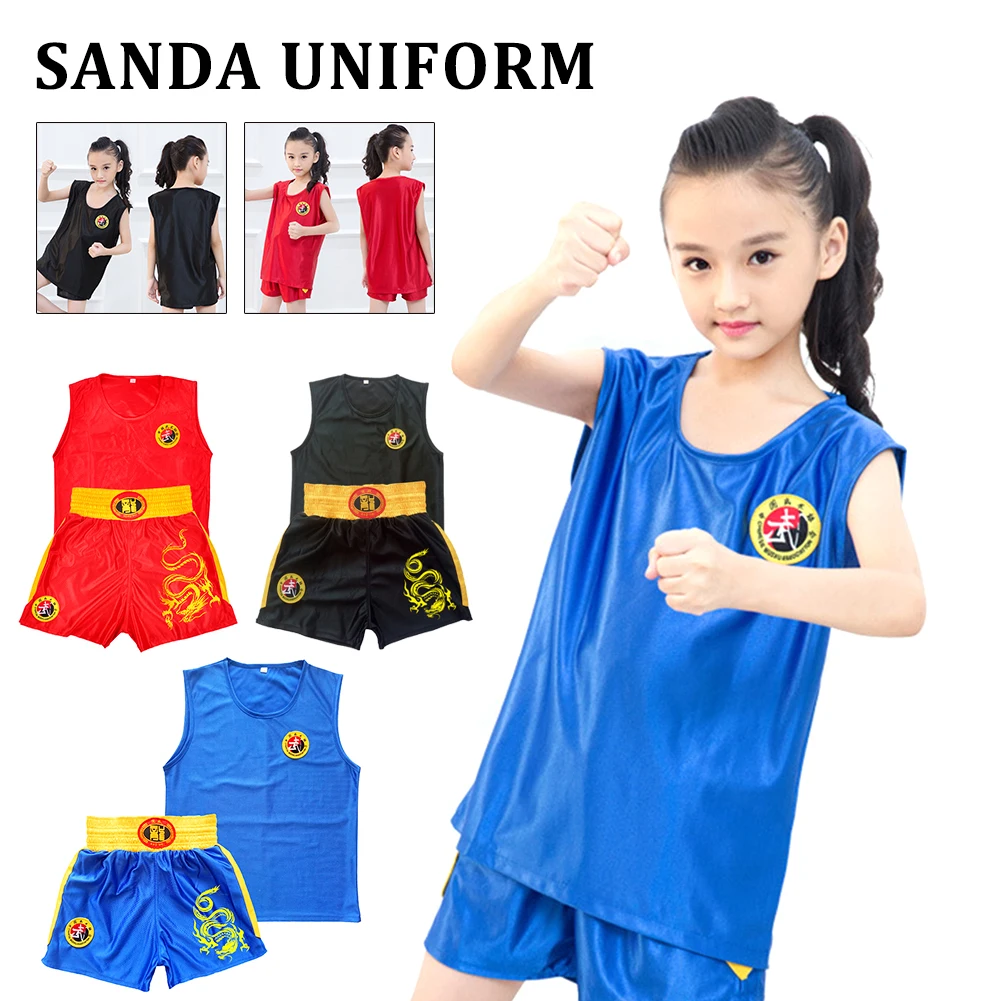 

Adult Children Sanda Uniform Shorts Fight Wushu Sanda Suit for Kids Thai Shirt Training Competition Muay Thai Boxing Trunks