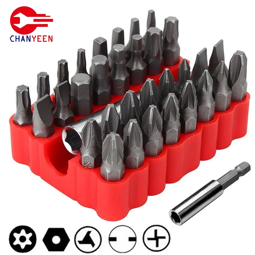 33pcs/Lot Magnetic Security Screwdriver Bit Set 1/4" 6.35mm Torq Torx Hexagonal Star Spanner Electric Holder Bits for Screwing