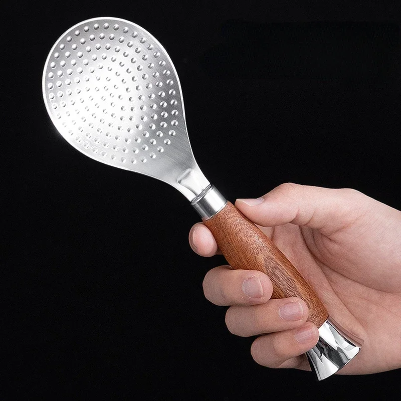 304 Stainless Steel Rice Spoon Upright Wooden Handle Thickened Rice Scoop Kitchen Cooking Cooker Accessory 1/2Pcs